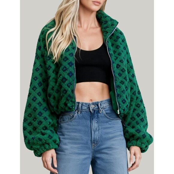 Women Dark green Cropped Sherpa Fleece Plaid Jacket Chunky Outerwear - Picture 3 of 7